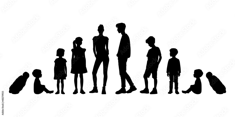 Obraz premium Vector illustration. Silhouette of growing up man from baby to old age. Many people of different ages in a row.