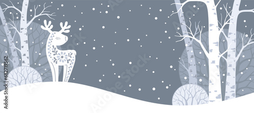 Winter Forest Animal horizontal banner. Hand drawn silhouette of deer in patterned Scandinavian style