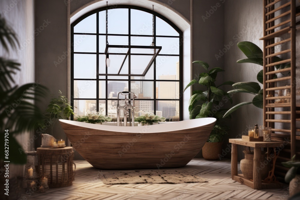 sleek beige boho design, Scandinavian bathroom with natural lighting, vanity, and freestanding tub.