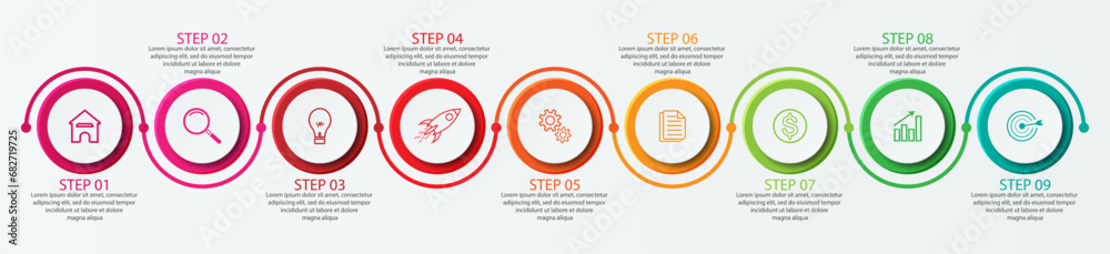 Simple infographic 9 parts or options, simple design with interrelated circles and lines with colorful colors, icons, text and numbers, for presentations, flow diagrams and your business