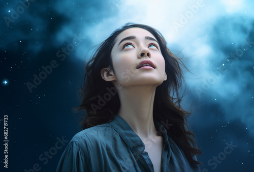 woman looking up at the sky, in the style of japanese influence, light sky-blue and dark gray, youthful energy - Generative AI