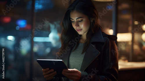 Woman using tablet on night background - Generative AI