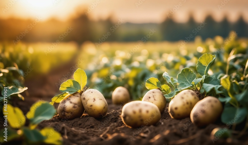 AI generated illustration of a scenic view of a field filled with rows of potatoes in the foreground - obrazy, fototapety, plakaty 
