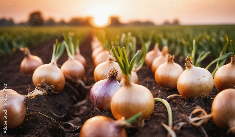 AI generated illustration of a sun-soaked onion field, with the setting sun in the background AI generated illustration of a sun-soaked onion field, with the setting sun in the background