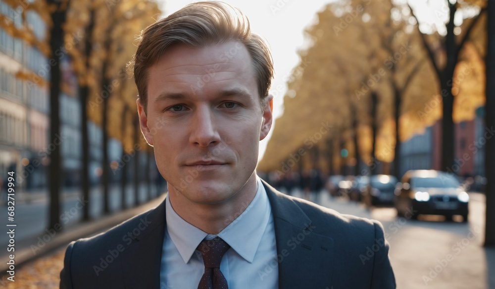 AI generated illustration of a young man in a tailored business suit and tie on a city street AI generated illustration of a young man in a tailored business suit and tie on a city street