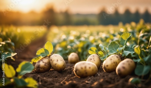 AI generated illustration of a scenic view of a field filled with rows of potatoes in the foreground photo