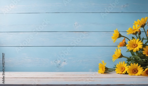 AI generated illustration of vibrant yellow flowers with green foliage on a wooden blue background