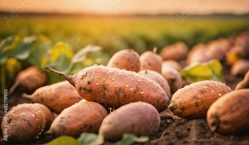 AI generated illustration of a rural scene of a field of potatoes illuminated by the warm sun