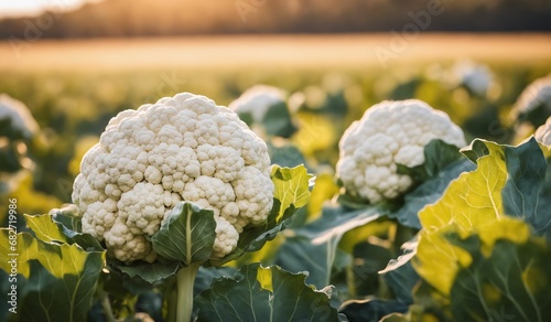 AI generated illustration of cauliflower plants growing in a lush field illuminated by the sun