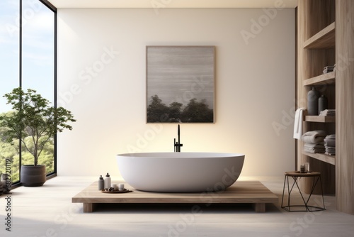 sleek white marble bathroom with LED lighting  double vanity  and freestanding tub.