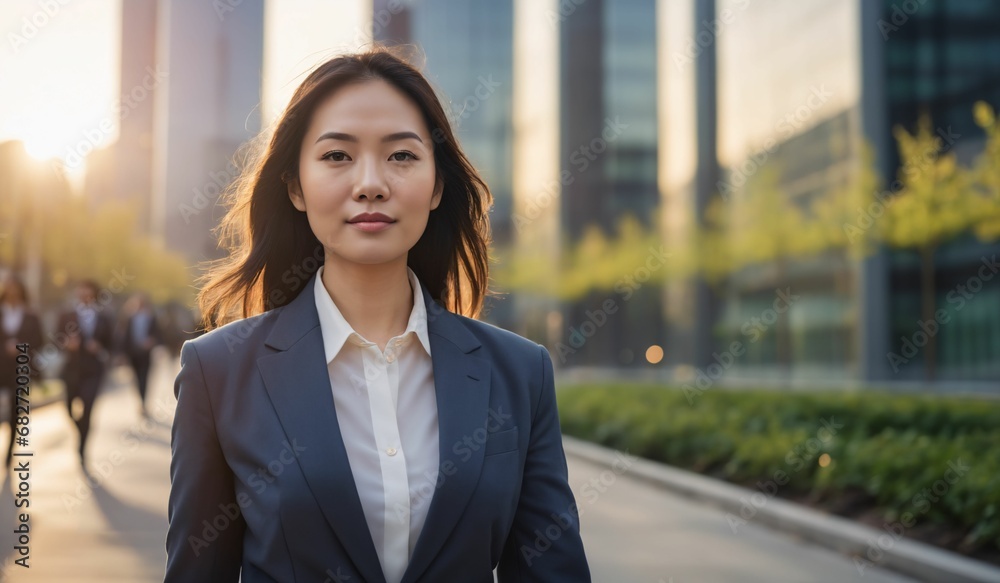 AI generated illustration of a confident female business professional on the sidewalk in a busy city AI generated illustration of a confident female business professional on the sidewalk in a busy city