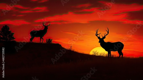 A silhouette of a buck standing proudly on a hill against the backdrop of a fiery sunset