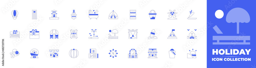 Holiday icon collection. Duotone style line stroke and bold. Vector illustration. Containing floating bed, beach towel, pool, cooking, snowball, ice hotel, beach, pamela, summer sale, ice bucket.