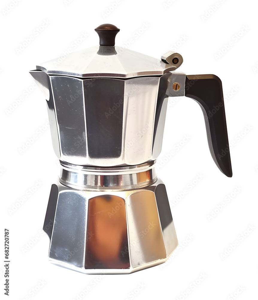 Side view of stovetop moka pot coffee maker isolated background. Side view of stovetop moka pot coffee maker isolated background.