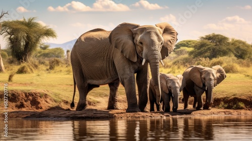 A family of elephants at a watering hole