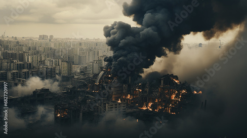 Image of a huge explosion with smoke and flames over cityscape background. Aerial view of a massive fire in the city. Explosion, bombing, war, destruction. military actions, destruction of the city