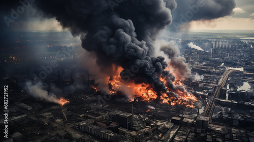Image of a huge explosion with smoke and flames over cityscape background. Aerial view of a massive fire in the city.  Explosion  bombing  war  destruction. military actions  destruction of the city