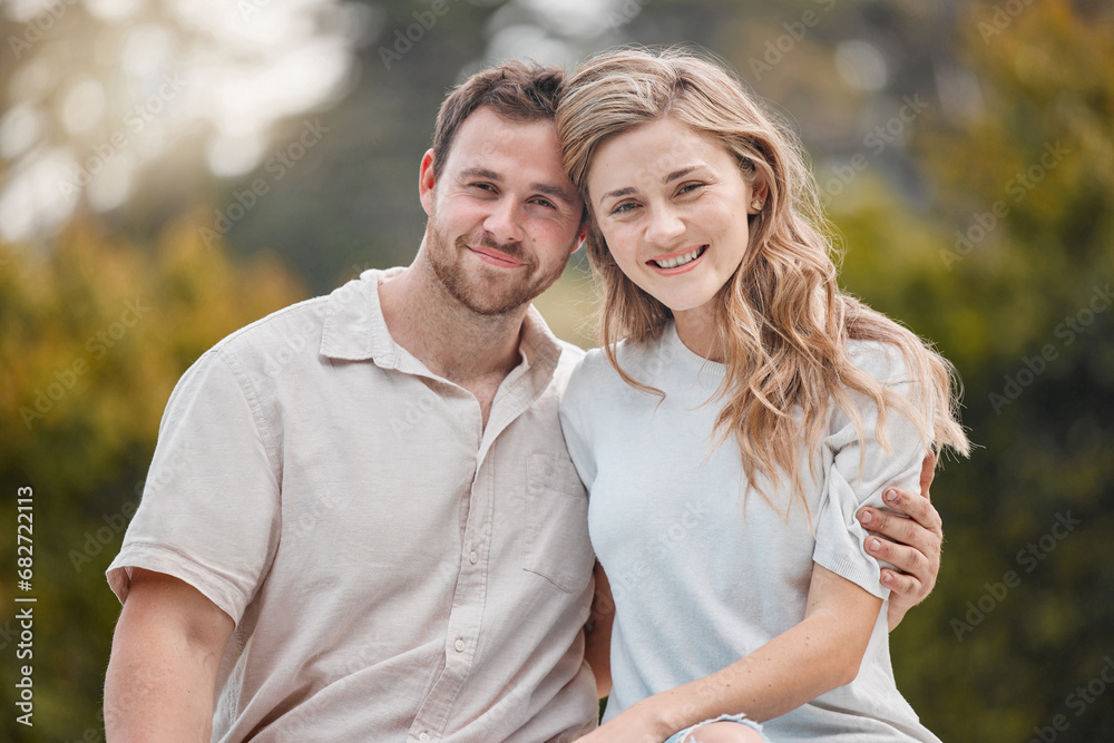 Happy couple, smile and embrace with portrait in garden, backyard or outdoors with hug for love. Man, woman and excitement on face for bond, care and support for romance, marriage or relationship Happy couple, smile and embrace with portrait in garden, backyard or outdoors with hug for love. Man, woman and excitement on face for bond, care and support for romance, marriage or relationship