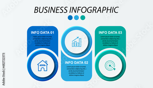 Simple infographic with 3 parts or options, simple design full of colors in the form of circles and squares that are related to each other, icons, text and numbers, for presentations, flow diagrams an