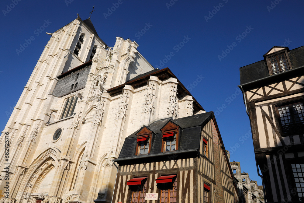 Saint-Ouen church and neighboring buildings, Pont-Audemer, Eure, France.