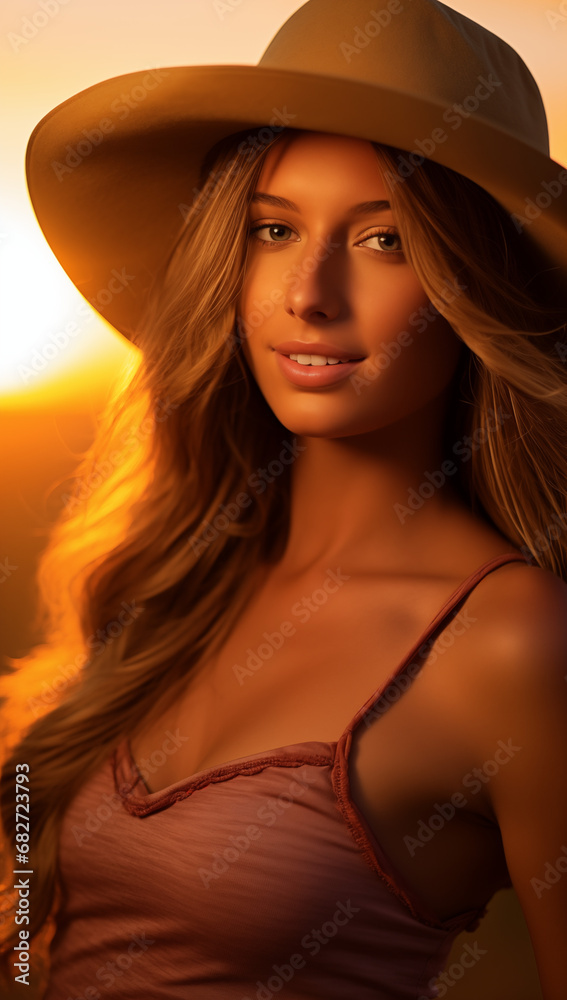 Golden Frontier: The Cowgirl's Sunset Silhouette. Attractive female wearing cowgirl's attire. Golden Frontier: The Cowgirl's Sunset Silhouette. Attractive female wearing cowgirl's attire.