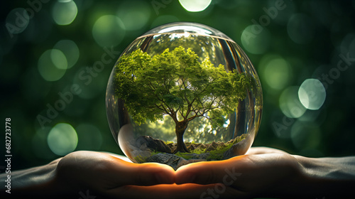 Human hand holding glass ball with tree inside. 