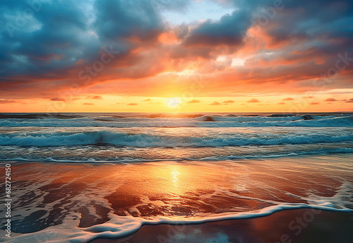 Beautiful sunset over the sea with a view at coconut tree on the white beach