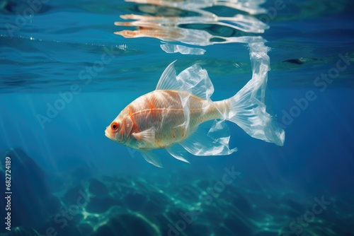 Fish in a piece of cellophane bag swims in the ocean.