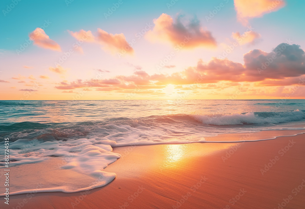 Beautiful sunset over the sea with a view at coconut tree on the white beach