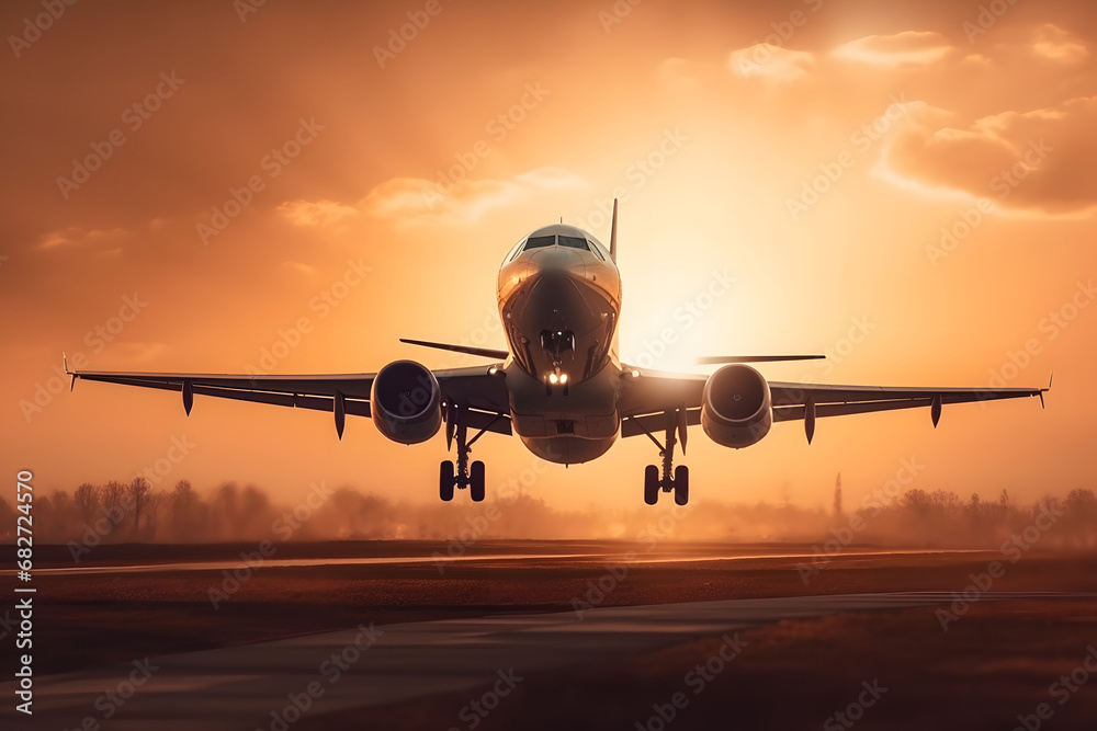 airplane landing at sunset. 