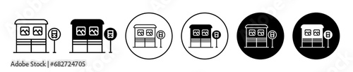 Bus stop shelter ad icon set. Busstop display screen advertising vector symbol in black filled and outlined style. photo