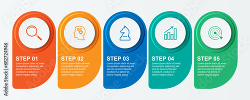 Simple infographic with 5 parts or options, simple design full of colors in the form of circles and squares that are related to each other, icons, text and numbers, for presentations, flow diagrams