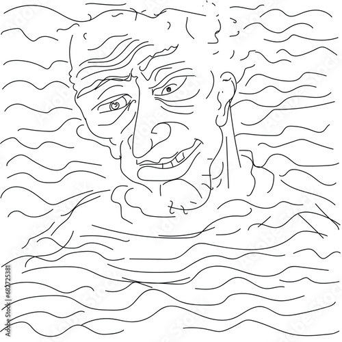 Mans head line drawing surrounded by water drowning concept art