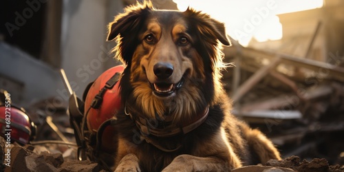 search rescue dog with a helmet for survivors at the site of a destroyed building. banner © Dmitriy