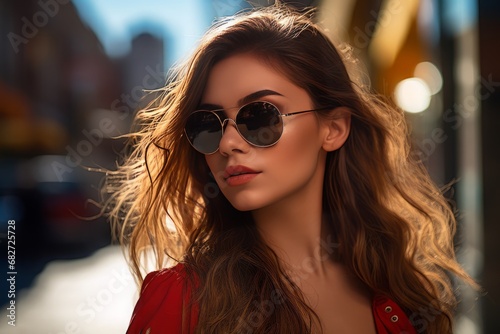 Close-up of a beautiful young brown-haired woman with long hair wearing sunglasses and a red dress on a sunny summer day