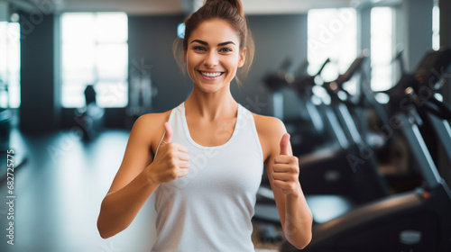 Happy fitness instructor or personal trainer in white t-shirt, standing in gym and giving two thumbs-up gesture