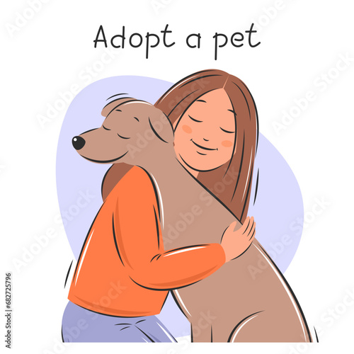 Pet adoption. Girl petting dog. Domestic animals and owners. Friendship with animals. Vector illustration