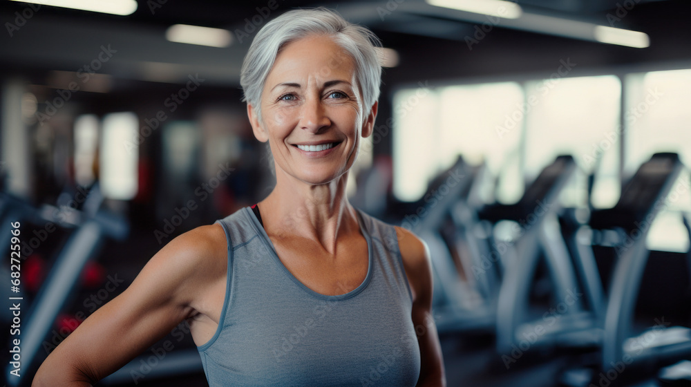 Cheerful elderly senior woman captured in gym setting, generated by AI technology