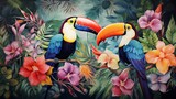 an image of a tropical paradise with vibrant Toucans perched among exotic flowers and lush greenery