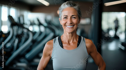 Elderly smiling woman enjoys exercising in gym, promoting fitness, standing in studio and looking at camera