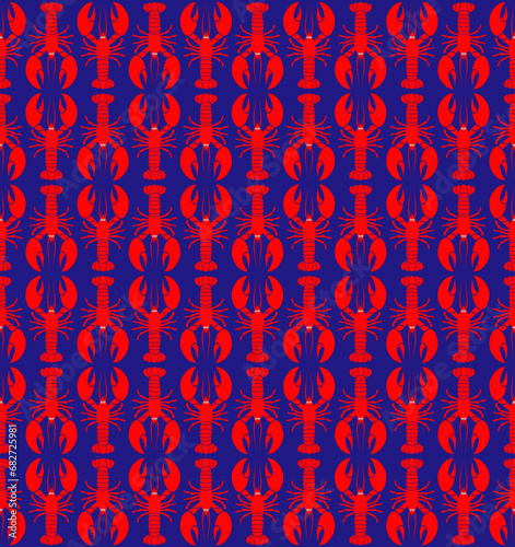 Seamless pattern of the red lobsters on the blue background