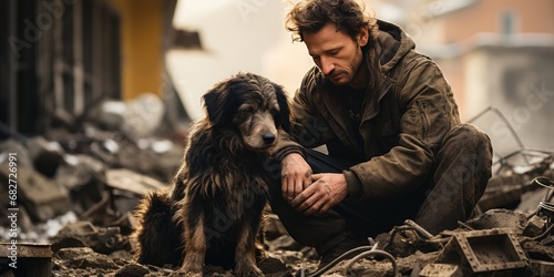sad man dirty with a dog sitting on the ruins of his house after a disaster. banner photo