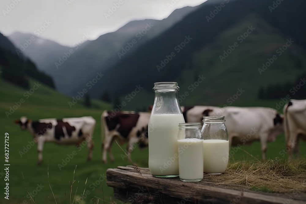 Glass bottle with natural organic cow milk on the table in farm with cows. Glass bottle with natural organic cow milk on the table in farm with cows.