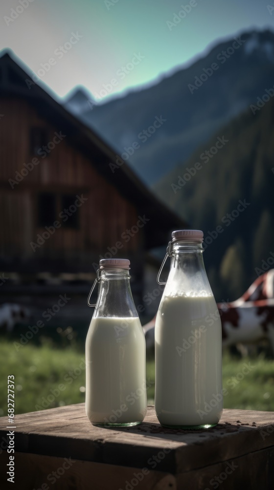 Glass bottle with natural organic cow milk on the table in farm with cows. Glass bottle with natural organic cow milk on the table in farm with cows.
