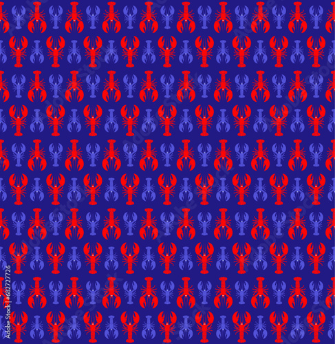 Seamless pattern of the red lobsters on the blue background