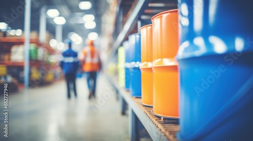 Workers in protective suits in front of the barrels photo