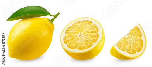 Lemon isolated set. Collection of ripe lemon, half and slice on a transparent background. photo