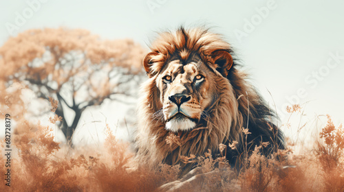 Lion and the African savanna double exposure photography