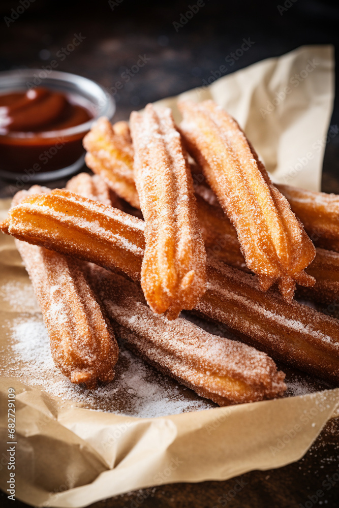 Irresistible Treat: Homemade Churros Sprinkled with Cinnamon Sugar on Parchment