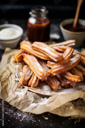 Irresistible Treat: Homemade Churros Sprinkled with Cinnamon Sugar on Parchment © Maximilien